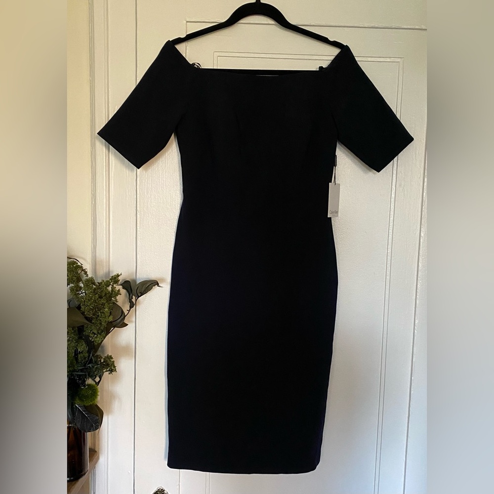 NWT. Calvin Klein off the shoulder navy blue dress, Sz 2
